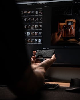 A man holds a minimalist wallet in front of a computer screen displaying EDC gear.