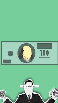 Abstract collage illustrating finance with currency, liquidity, and real estate on a green background.