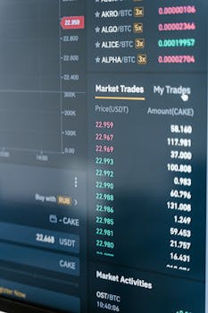 Close-up of a cryptocurrency trading screen showing market trades and activities.