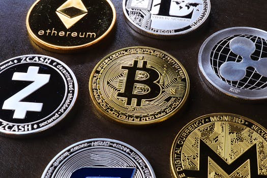Detailed view of assorted cryptocurrency coins including Bitcoin, Ethereum, and Ripple.