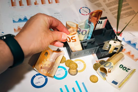 Euro bills and coins with financial charts showcasing budgeting and investment planning.