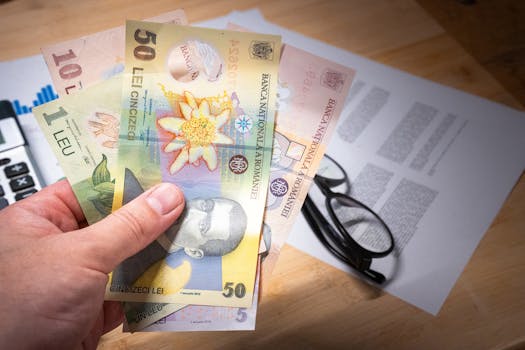 Hand holding Romanian leu banknotes above financial documents, depicting finance and economy.