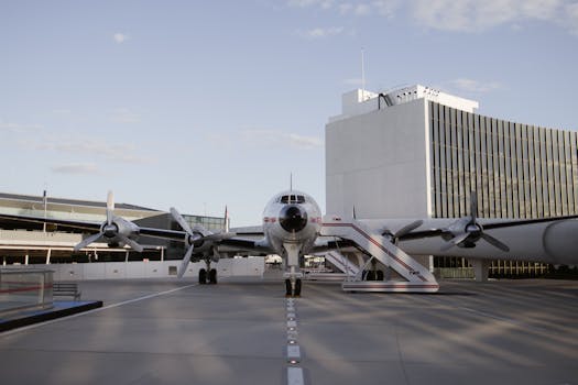 Historic aircraft parked at TWA Hotel showcasing classic aviation design in New York City.